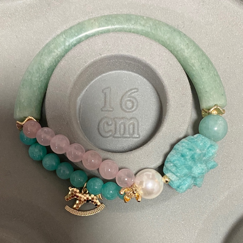 Amazonite Half Bangle Bracelet • Hand-Carved Amazonite Flower & Rose Quartz Duo - Picture 8 of 8